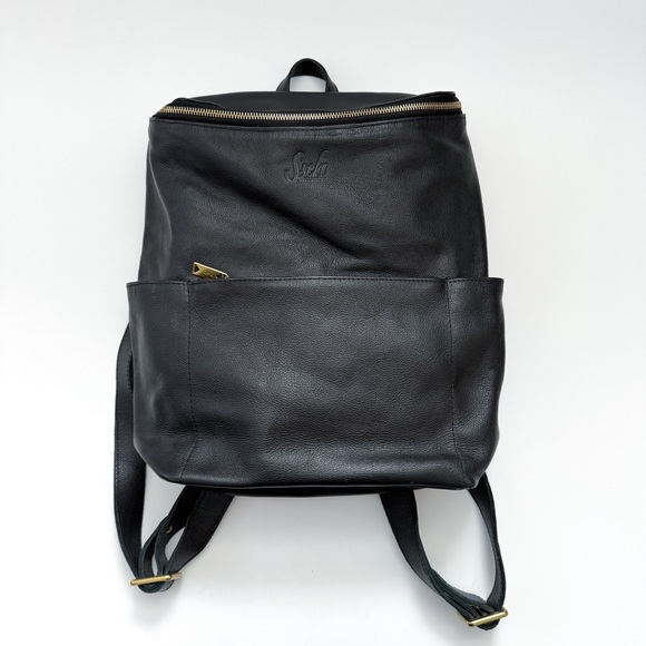 Sseko Handbags - Sseko U-zip Black Pebbled Leather Large Backpack with Gold Tone Hardware